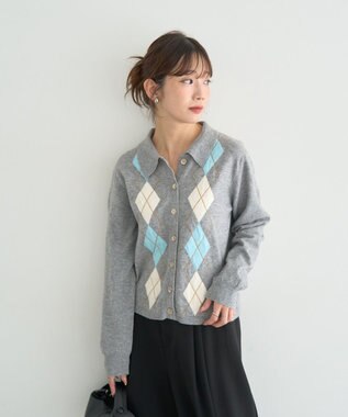 earth music&ecology 【予約】襟付きアーガイルニットカーディガン グレー