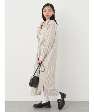 earth music&ecology ボウタイシャツワンピース Stripe Brown