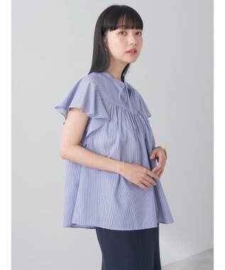 earth music&ecology ギャザーフレンチスリーブブラウス Stripe Navy