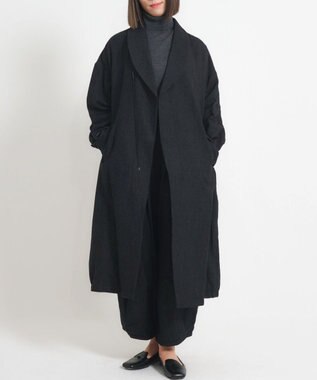muuc 〈軽やかな尾州産リネンウール〉ショールカラーコート　ロングシーズン 秋冬春 ゆったりシルエット セットアップ可能 ブラック