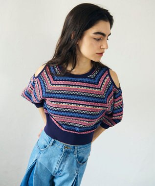 GRACE CONTINENTAL ボーダーパフニットトップ ネイビー