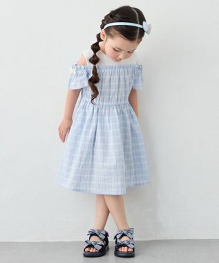 ANY KIDS 【洗濯機可能】オンオフショルダーワンピース サックスブルー×チェック