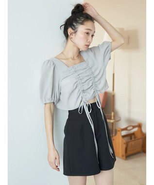 earth music&ecology ＳＥＴ２点パフスリーブブラウス＋キャミワンピース Light Gray