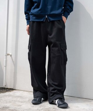 WEGO 【ユニセックス着用ITEM/ウエストゴム/MLサイズ展開】ワイドスウェットカーゴパンツ ブラック