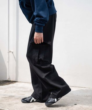 WEGO 【ユニセックス着用ITEM/ウエストゴム/MLサイズ展開】ワイドスウェットカーゴパンツ ブラック