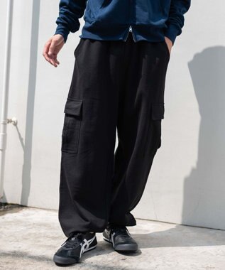 WEGO 【ユニセックス着用ITEM/ウエストゴム/MLサイズ展開】ワイドスウェットカーゴパンツ ブラック
