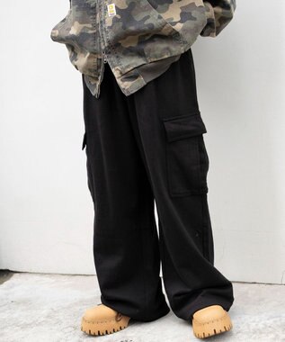 WEGO 【ユニセックス着用ITEM/ウエストゴム/MLサイズ展開】ワイドスウェットカーゴパンツ ブラック