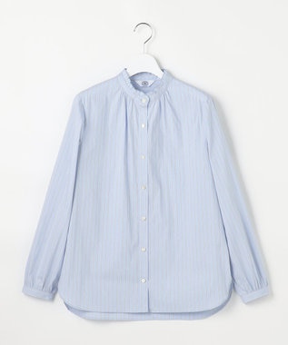 J.PRESS LADIES L BEZコットンナイロン ストライプ フリル襟 ブラウス サックス×ホワイト×ベージュ系