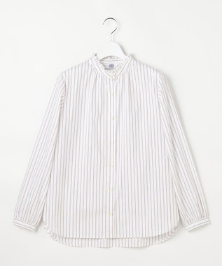 J.PRESS LADIES L BEZコットンナイロン ストライプ フリル襟 ブラウス ホワイト×ピンク×ネイビー系