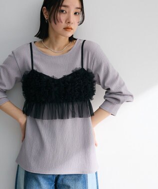 Green Parks ＳＥＴ２点チュールビスチェ＋表面感プルオーバー Black