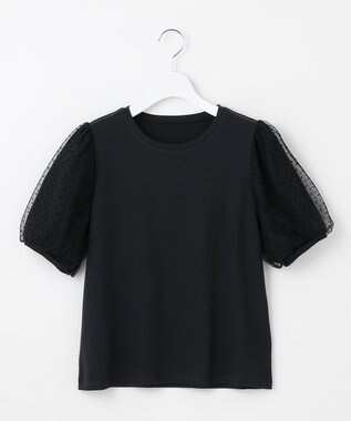 Feroux 【汗ジミが目立たない・洗える】チュール袖パフスリーブ Tシャツ ブラック系