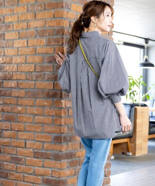 Tiaclasse 【洗える】パフ袖シャツチュニックブラウス ブラックギンガム