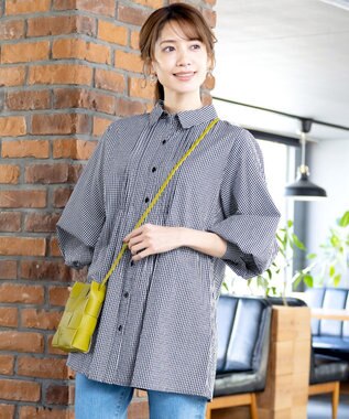 Tiaclasse 【洗える】パフ袖シャツチュニックブラウス ブラックギンガム