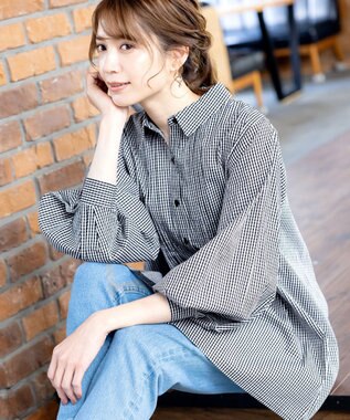 Tiaclasse 【洗える】パフ袖シャツチュニックブラウス ブラックギンガム