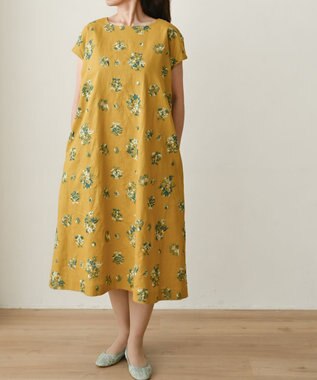 muuc 〈コットン×リネン〉〈高品質なドライタッチ生地〉野小花刺繍ゆったりワンピース イエロー