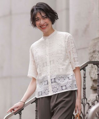  【洗える】モザイクレース ハーフスリーブ ブラウス