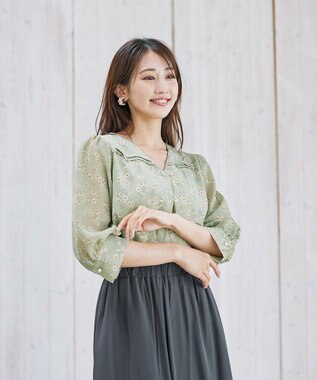Tiaclasse L 【洗える】花柄Vネックブラウス グリーン