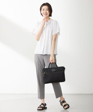 J.PRESS LADIES シアーストライプチェック フレンチスリーブ バンドカラー カットソー ホワイト系1