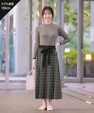 Tiaclasse 【洗える】千鳥柄ニットプリーツワンピース モカ