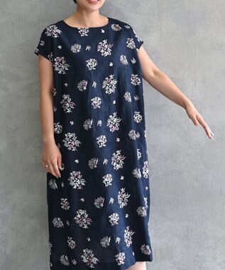 muuc 〈コットン×リネン〉〈高品質なドライタッチ生地〉野小花刺繍ゆったりワンピース ネイビー