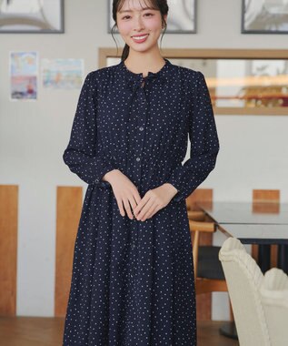 Tiaclasse L 襟フリルリボンワンピース ネイビードット