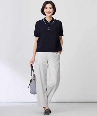 J.PRESS LADIES 【洗える】DRY COTTON ニットポロ ネイビー×ベージュ系