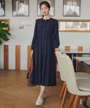 Tiaclasse L 襟フリルリボンワンピース ネイビードット