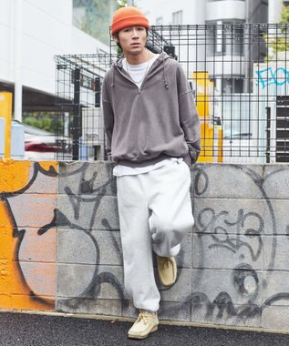 WEGO ピグメントハーフZIPロゴプルパーカー ブラウン