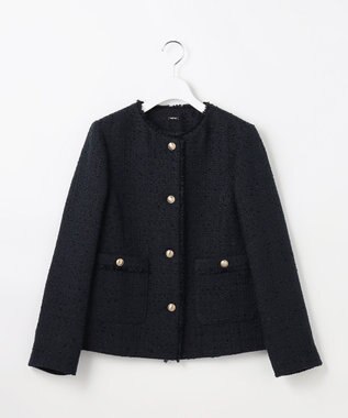 ANY SIS L ノーカラーフリンジツイード ジャケット ネイビー