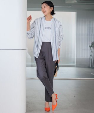 23区 【洗える】LIBECO バンドカラー シャツ ホワイト×ネイビーストライプ