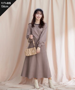 Tiaclasse 【洗える】リボン衿配色ニットワンピース ピンクモカ