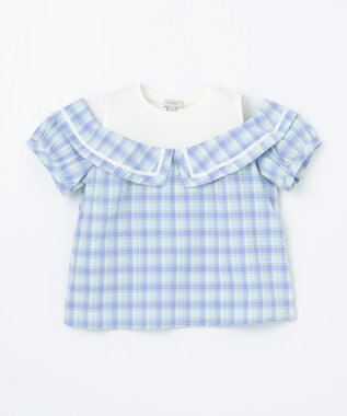 ANY KIDS チェック オフショルダー ブラウス サックスブルー