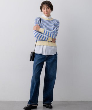 23区 【先行予約】コットンギマ クルーネック ニット ライトイエロー×スカイブルー系