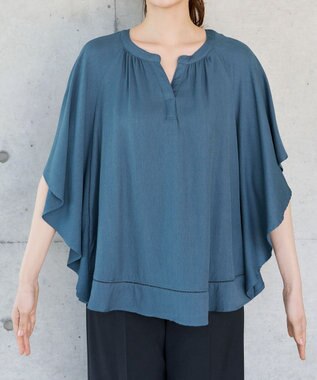 Tiaclasse リネンライクスラブ スキッパー襟ブラウス ブルーグレー