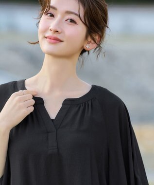 Tiaclasse リネンライクスラブ スキッパー襟ブラウス ブルーグレー