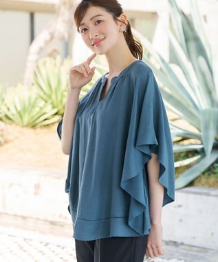 Tiaclasse リネンライクスラブ スキッパー襟ブラウス ブルーグレー