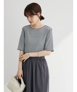 Green Parks メローリブ５分袖ボーダープルオーバー Navy