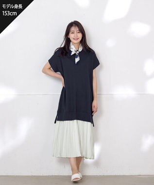 Tiaclasse 【洗える】裏毛プリーツコンビワンピース ネイビー×オフ