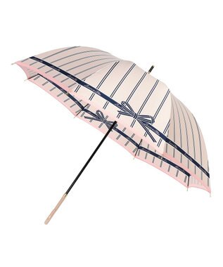 【雨傘】ランバン オン ブルー(LANVIN en Bleu) ストライプ リボンプリント 長傘 耐風傘 ジャンプ式, ベージュ, 60