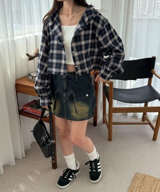 WEGO チェックショートフードシャツ ネイビー