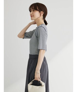 Green Parks メローリブ５分袖ボーダープルオーバー Navy