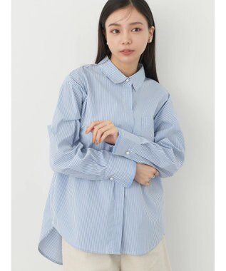 earth music&ecology パールボタンシャツ Stripe Blue