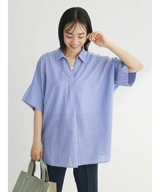 Green Parks 綿麻混スキッパーシャツ Stripe Sax