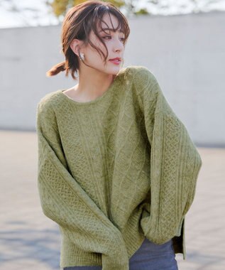 Tiaclasse 【洗える】ケーブル柄編みニットプルオーバー グリーン