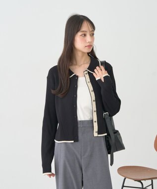 earth music&ecology バイカラートリムニットカーディガン Black