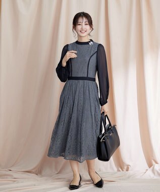 Tiaclasse 【洗える】レースコンビフレアワンピース ネイビーグレー