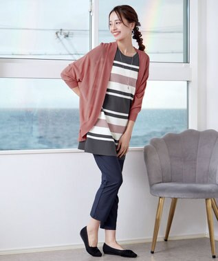 Tiaclasse 【新色追加・洗える】マルチボーダーフレンチニットチュニック チャコール×オフ×ピンク