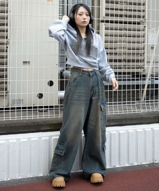 WEGO グラフィックショートパーカー 杢グレー