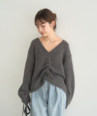 earth music&ecology フロントシャーリングニットプルオーバー チャコールグレー