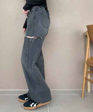 WEGO 【SMサイズ展開】サイドカットデニムストレートパンツ スミクロ